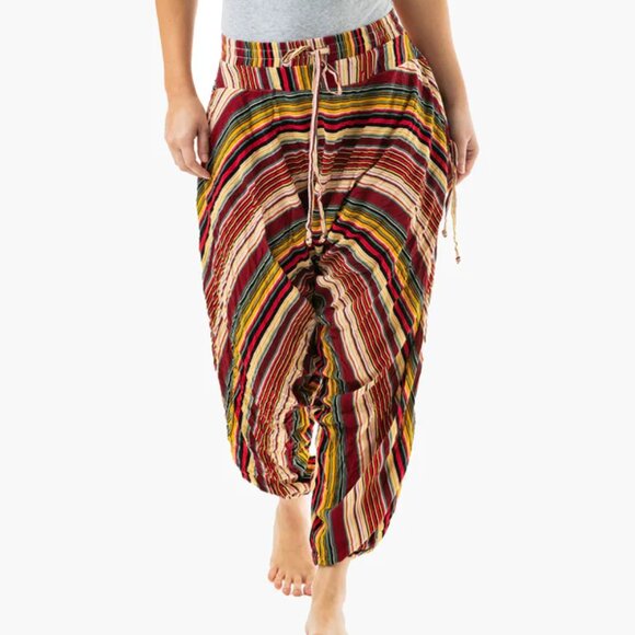 Buddha Pants Unisex Drawstring Boho Hippie Stripe Savannah Harem Pants Red - Picture 8 of 13